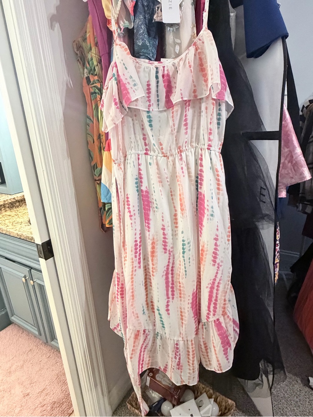 Versona White Tie-Dye Ruffle Sundress with Pink & Teal Stripes